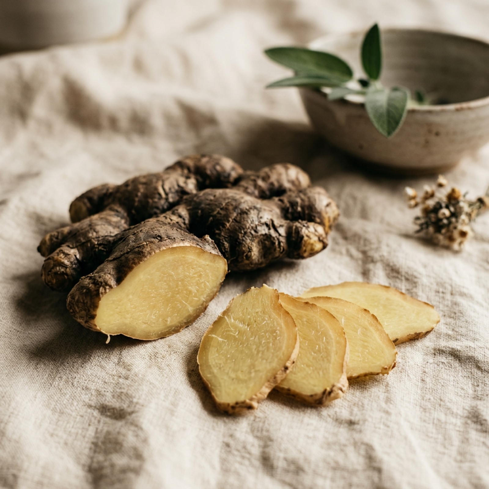A hand of fresh ginger root with slices fanned beside it