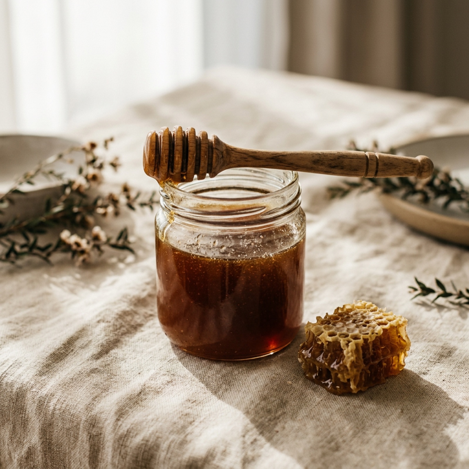 A jar of raw amber bush honey with a wooden dipper and a piece of honeycomb