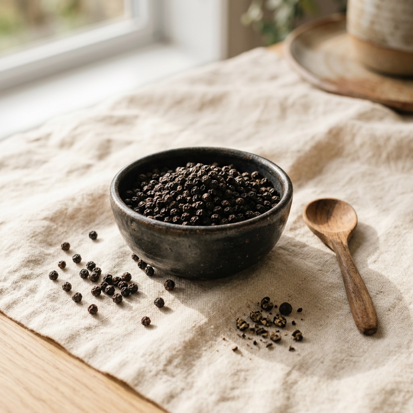 A dark bowl of whole black peppercorns with a few cracked beside it
