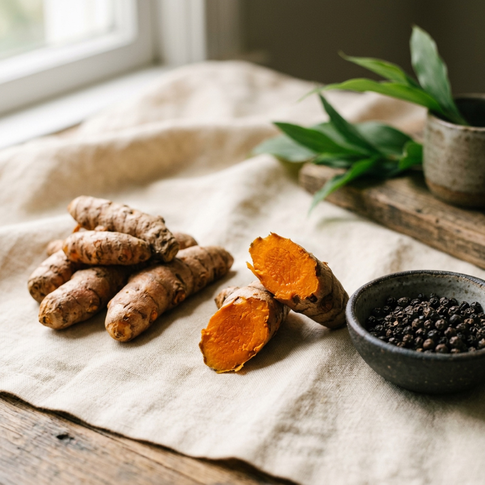 Fresh turmeric roots, one snapped open, beside a bowl of black peppercorns