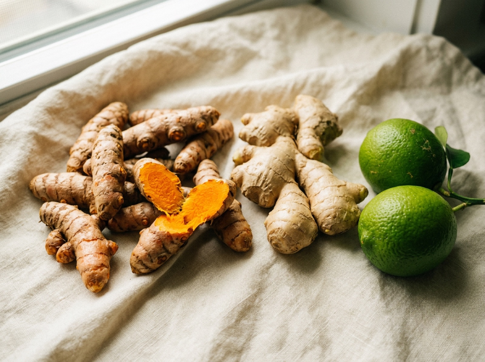 Fresh turmeric, ginger and limes laid out on cream linen