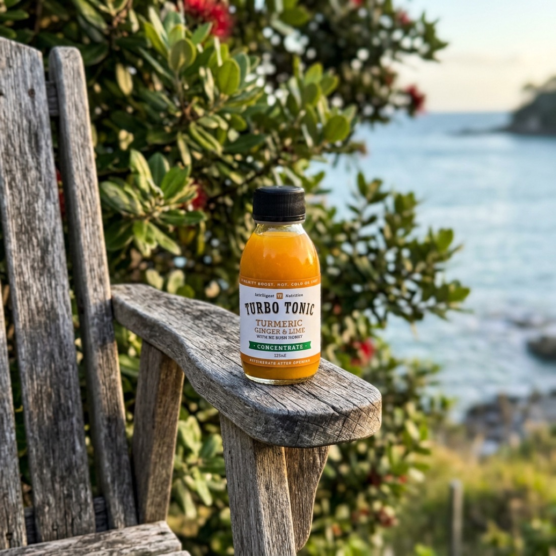 A 125 ml Turbo Tonic bottle on an outdoor chair with the sea behind