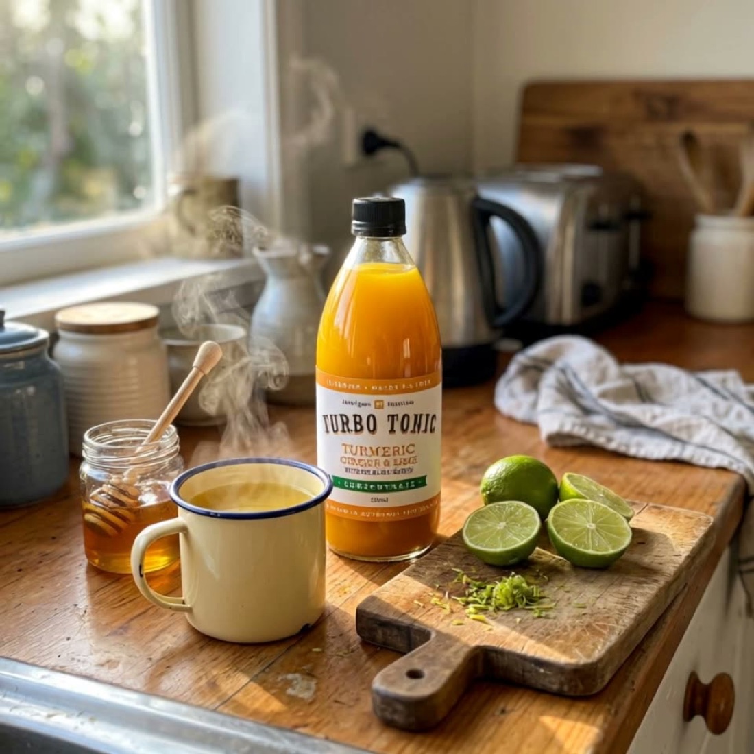 A Turbo Tonic bottle on a kitchen bench beside a steaming mug and fresh limes