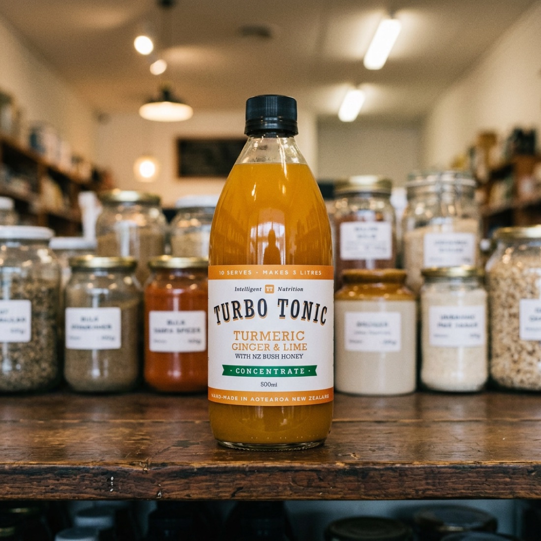A Turbo Tonic bottle on the shelf of an independent grocery store
